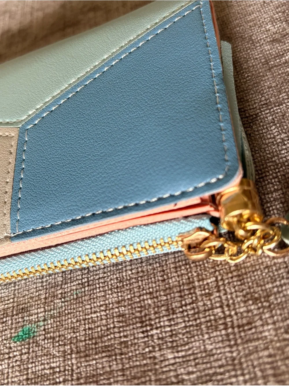 Compact Tricolor Faux Leather Wallet with Tassel Charm - Blue/Green/Cream